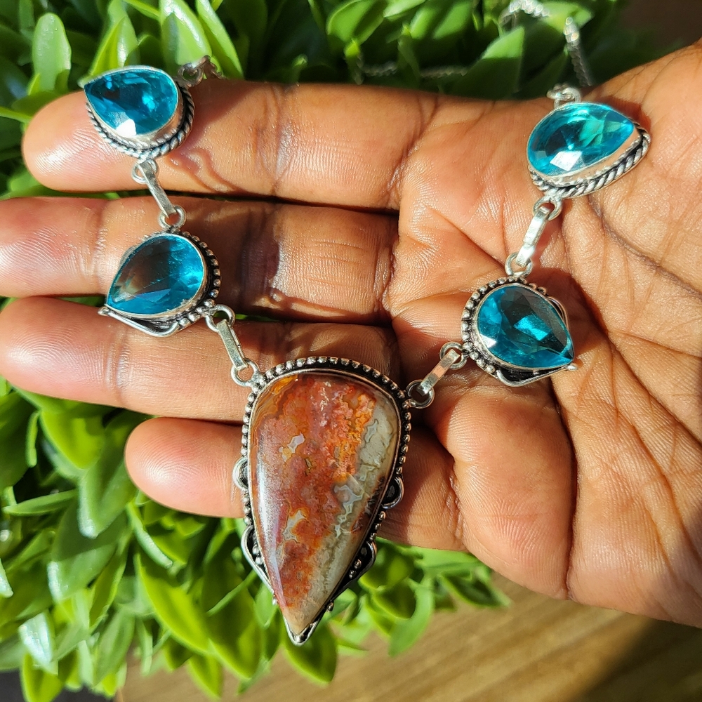 Crazy Lace Agate / Blue Topaz / Multi Gemstone Necklace